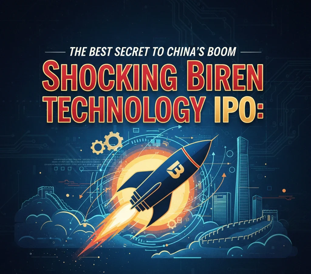 Biren Technology IPO graphic showing a rocket launching over a digital China skyline.